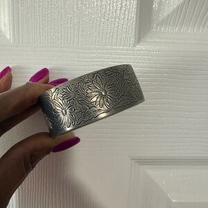 Floral Embossed Silver Cuff Bracelet